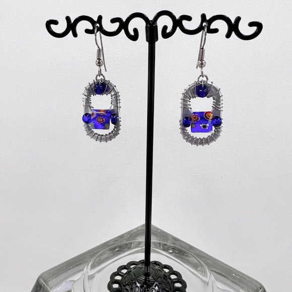 Blue/Red Millefiori Glass Beaded Silver Tone Wire Wrapped Pop Tab Earrings - Picture 2 of 6